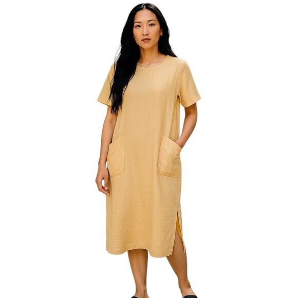 Russ Berens Linen Shift Dress Lagenlook Yellow Size XS Oversized Hand Colored - Picture 8 of 8